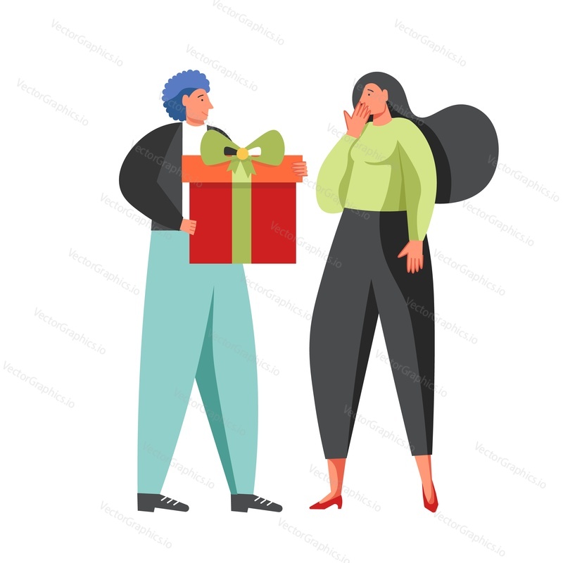 Young man giving gift box to happy and surprised woman, vector flat illustration isolated on white background. Happy birthday party or other event celebration.