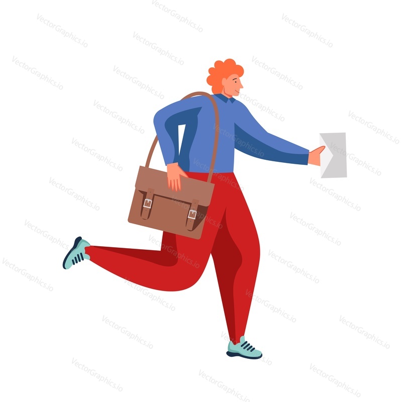 Postman running with postbag over his shoulder and letter in hand, vector flat illustration isolated on white background. Postal services, correspondence delivery concept for web banner, website page.