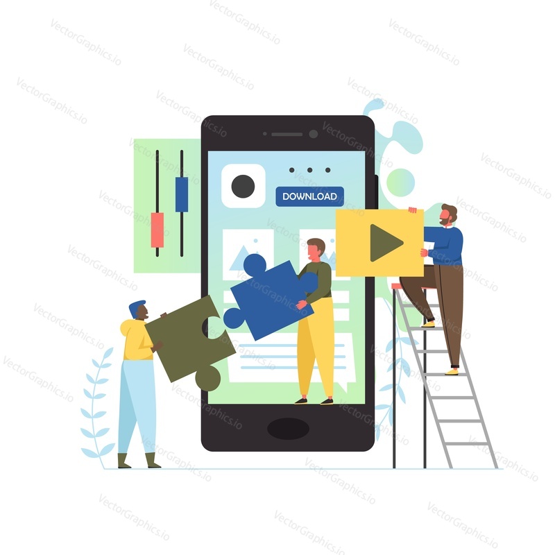 Mobile app development services, vector flat style design illustration. Big smartphone and tiny people creating software application for mobile device like doing jigsaw puzzle.