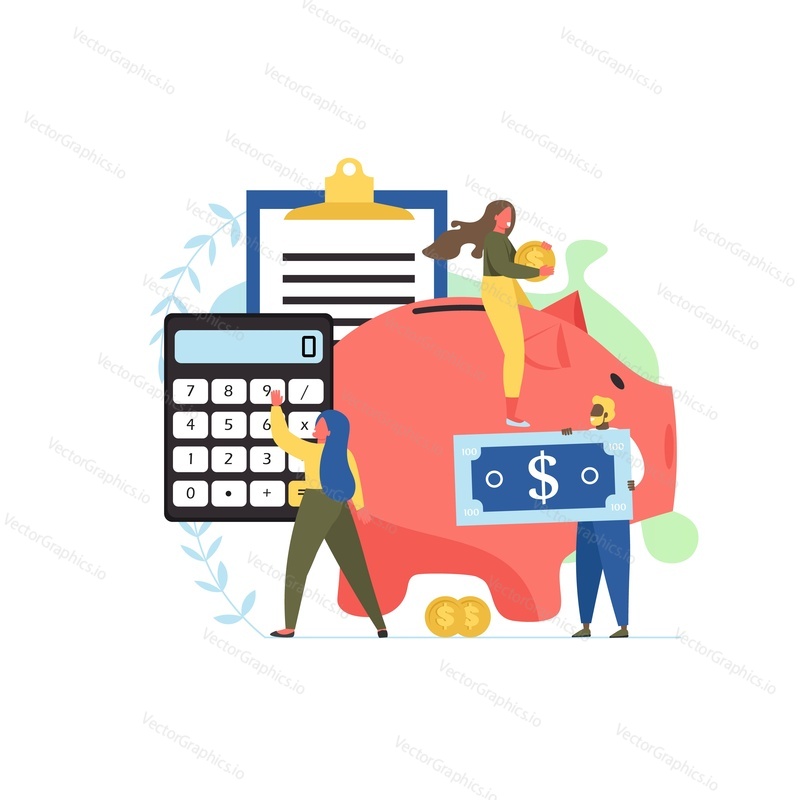 Company budget vector flat style design illustration. Budgeting and business planning process concept with big piggy bank, calculator, tiny people doing financial calculations for web banner, webpage.
