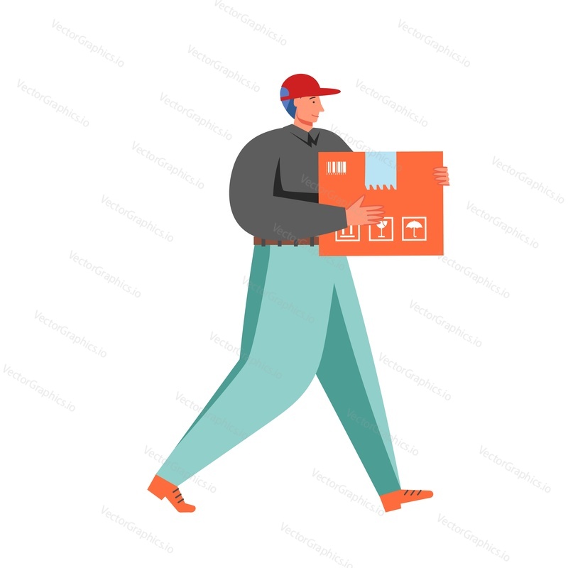 Young man courier carrying parcel, vector flat illustration isolated on white background. Courier services, postal mail delivery service concept for web banner, website page etc.
