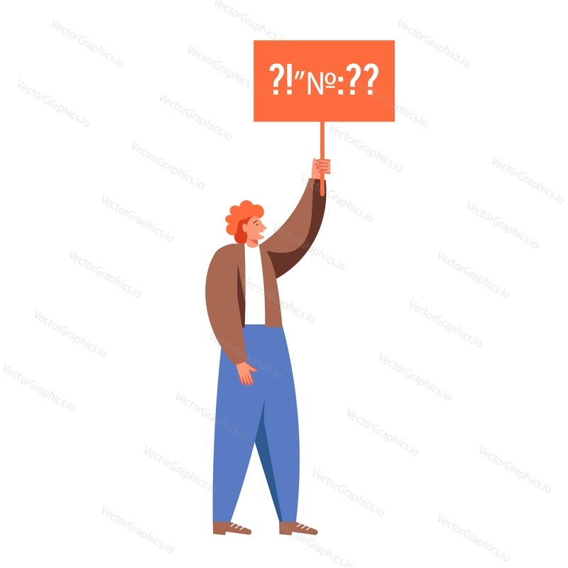 Activist male character holding banner in raised hand vector flat illustration isolated on white background. Election campaign, picket, demonstration, political protest, pre-election agitation meeting