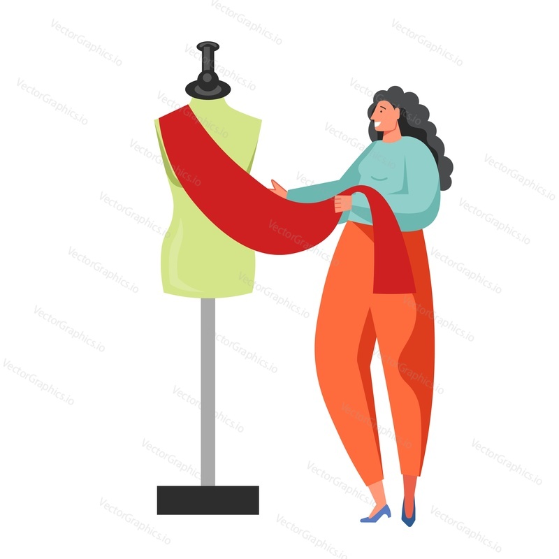 Seamstress, fashion clothes designer trying on red cloth using mannequin, vector flat isolated illustration. Atelier, clothing workshop, fashion sewing studio, clothing industry.