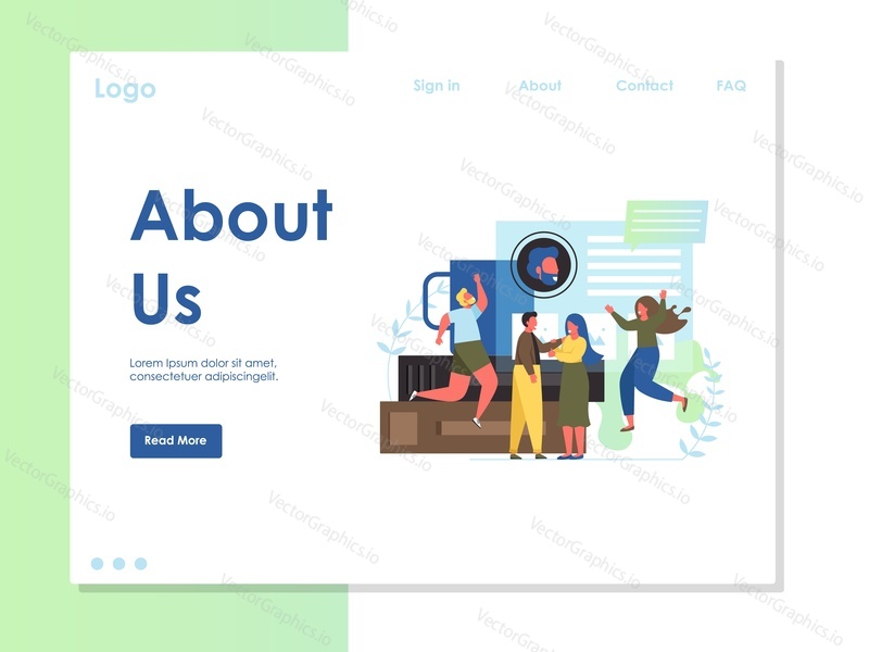 About us vector website template, webpage and landing page design for website and mobile site development. Business company page with organizational profile, contact information etc.