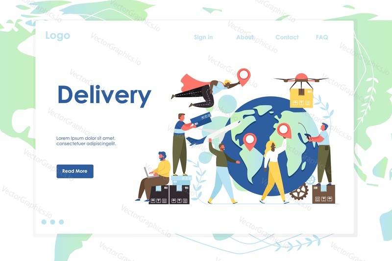 Delivery vector website template, web page and landing page design for website and mobile site development. Global logistics, international air shipping concept.