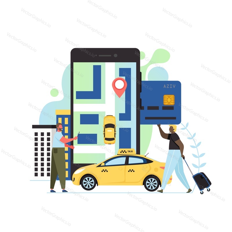 Online taxi booking, vector flat style design illustration. Smartphone with bank card, map, location pin, taxicab on screen, characters. Taxi service app, mobile payment concept for web banner etc.