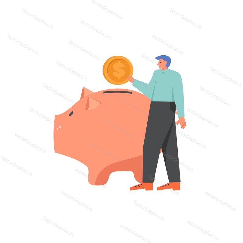 Businessman putting dollar coin into piggy bank moneybox, vector flat style design illustration isolated on white background. Bank deposit, money savings concept for web banner, website page etc.
