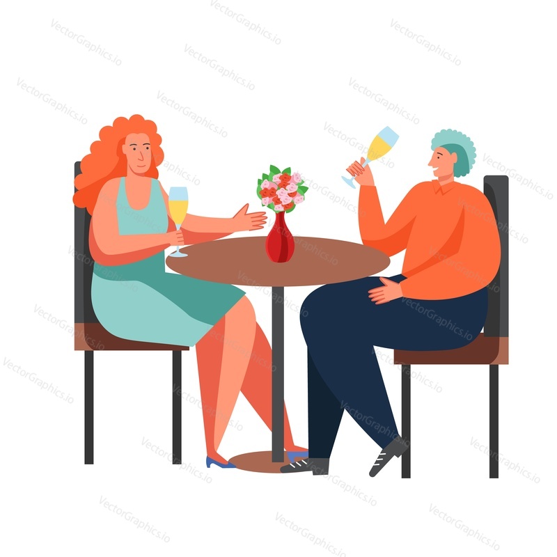 Romantic couple sitting at restaurant table and drinking champagne, vector flat illustration isolated on white background. Restaurant catering business.