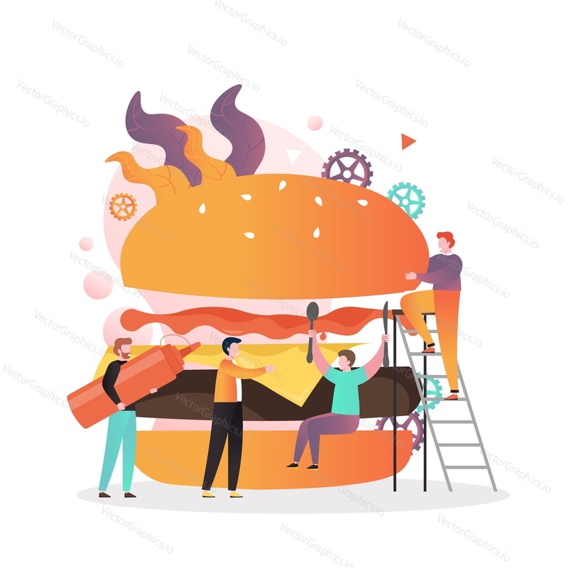 Micro male characters making huge delicious burger or bun with ground beef patty, cheese, ketchup, vector illustration. Fast food restaurant business composition for web banner, website page etc.