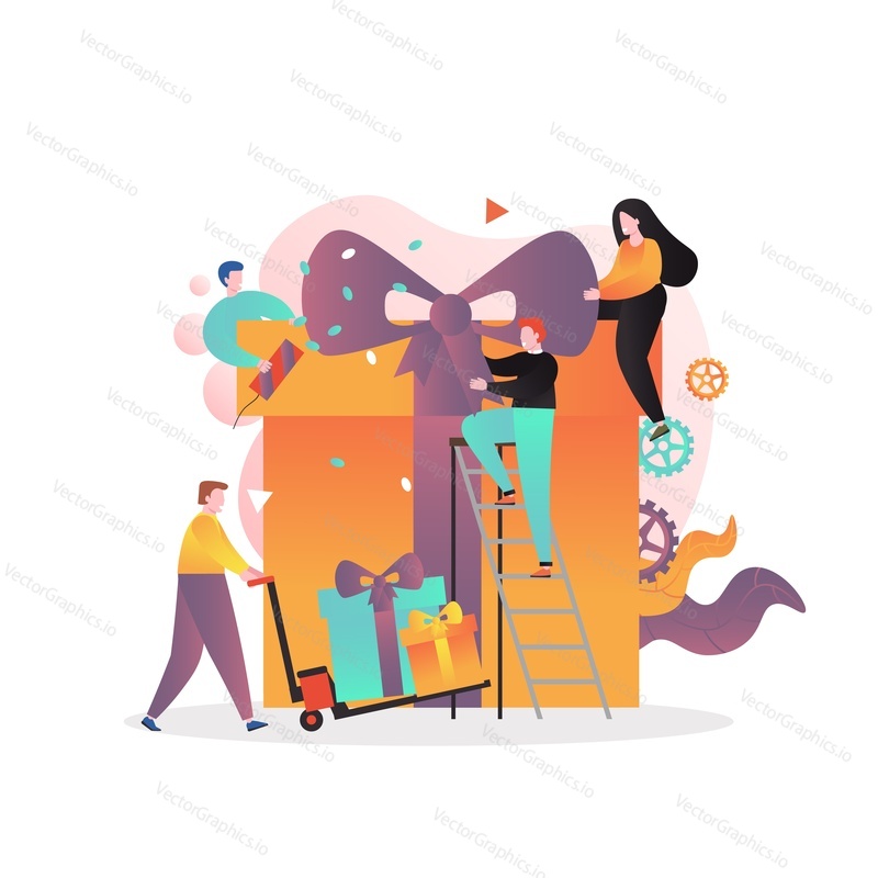 Micro male and female characters packing huge gift box with tied ribbon, vector illustration. Present concept for web banner, website page etc.