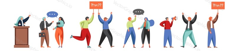 People involved in politics, vector flat isolated illustration. Politician, political candidate, activist, speaker male and female characters. Political meeting, election campaign, debate, protest.
