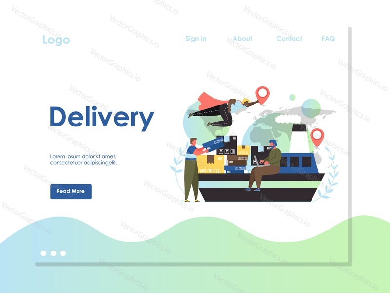 Delivery vector website template, web page and landing page design for website and mobile site development. Global logistics, maritime shipping concept.