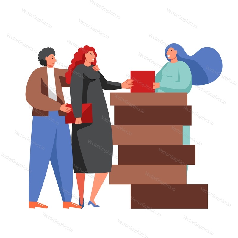 Restaurant receptionist female and couple of visitors cartoon characters standing at reception desk, vector flat illustration isolated on white background. Restaurant catering business.