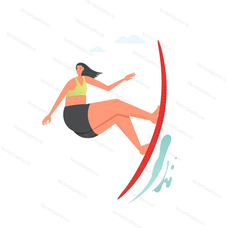 Surfer girl surfing the wave on surfboard, vector flat style design illustration. Summer beach activities, water sports concept for web banner, website page etc.