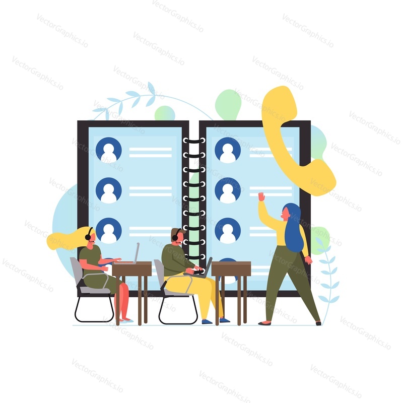 Contact center, vector flat style design illustration. Helpline and hotline telephone service, call center, customer email, chat and voice support services concept for web banner, website page etc.