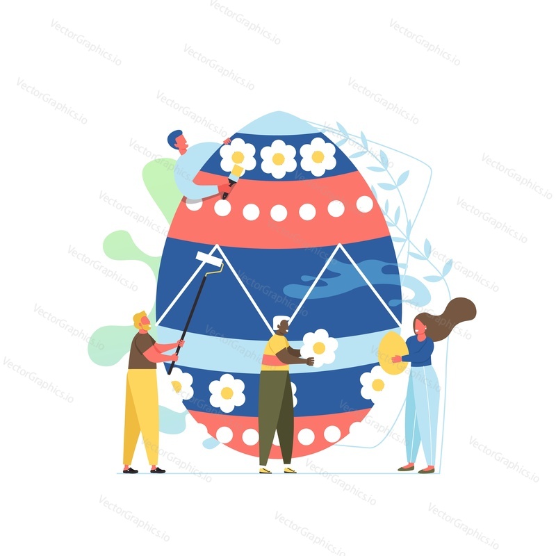 Happy Easter holiday. Family paint colorful easter egg and prepare for celebration. Vector illustration on white background.