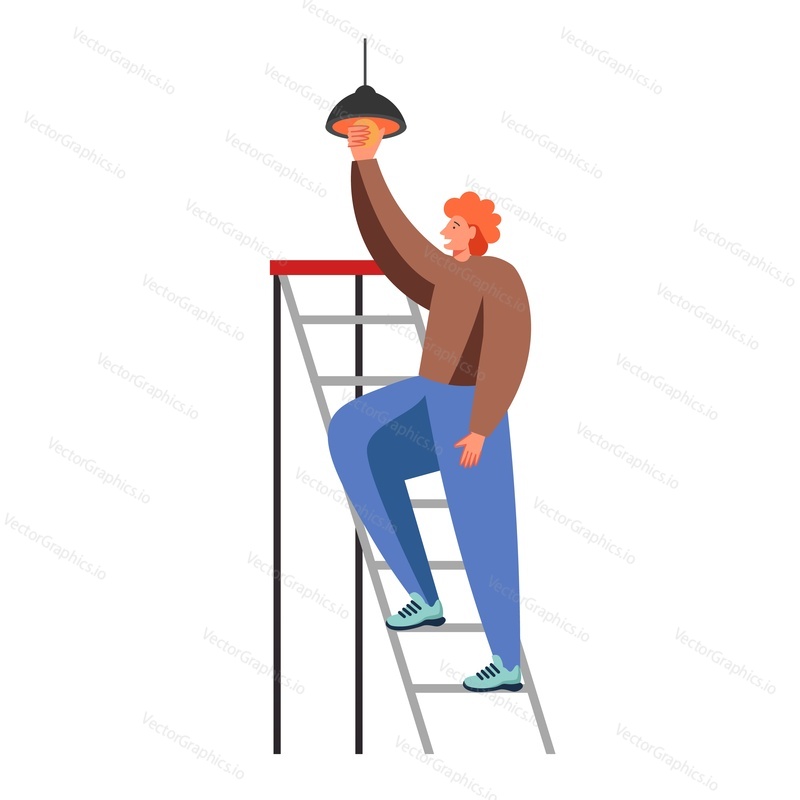 Man electrician changing light bulb in ceiling lamp while standing on ladder, vector flat illustration isolated on white background. Home apartment repair remodeling renovation services.