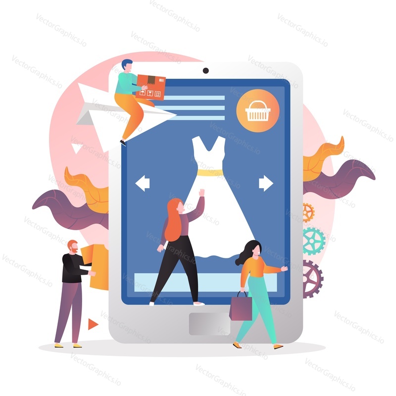 Internet shopping, vector illustration. Huge tablet and micro male and female characters buying clothes on the Internet. Online store, e-commerce composition for web banner, website page etc.