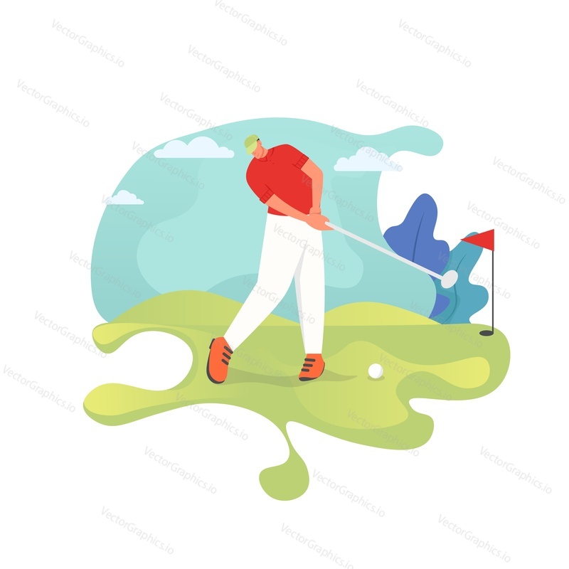 Golf player standing in swing stance posture, vector flat style design illustration. Sport and leisure concept for web banner, website page etc.