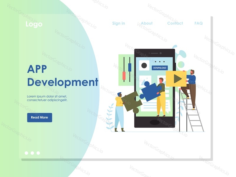 App development vector website template, web page and landing page design for website and mobile site development. Big smartphone and tiny people creating software application for mobile device.
