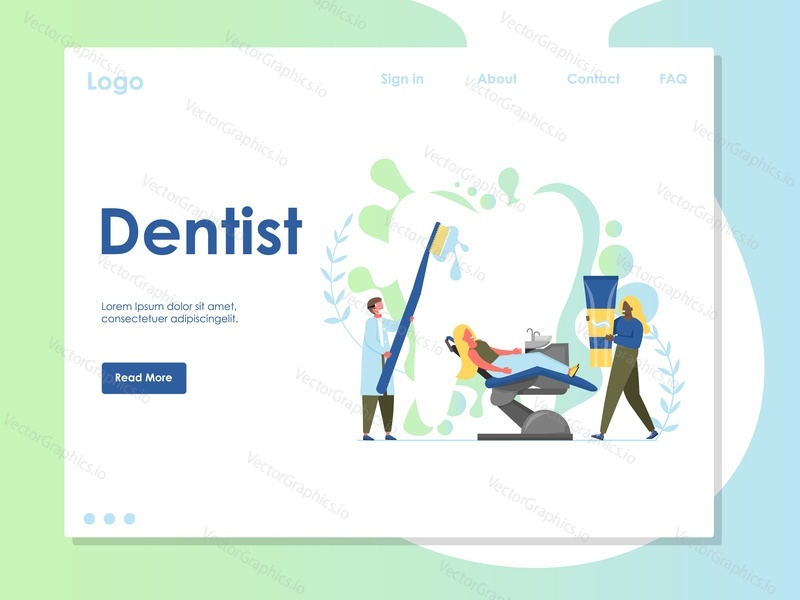 Векторный шаблон веб-сайта стоматолога, дизайн веб-страницы и целевой страницы для разработки веб-сайтов и мобильных сайтов. Услуги стоматологической клиники, уход за полостью рта, концепция лечения и отбеливания зубов.