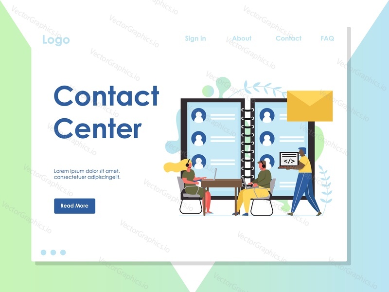 Contact center vector website template, web page and landing page design for website and mobile site development. Customer service agents providing help via webchat email communication channels.