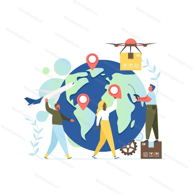 Worldwide delivery service, vector flat style design illustration. People, globe with location pins, plane, drone with parcel. Global logistics, air shipping concept for web banner, website page etc.