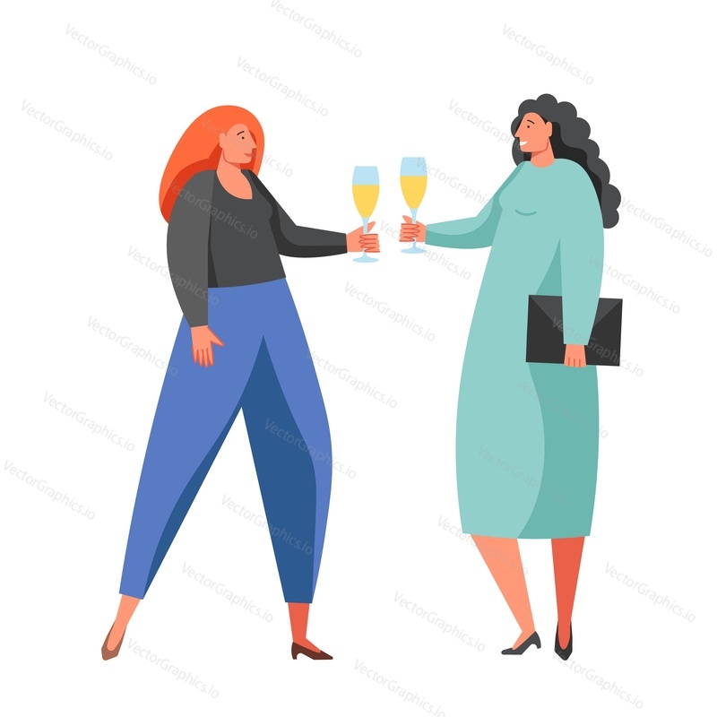 Two women toasting each other while clinking champagne glasses, vector flat illustration isolated on white background. Happy birthday anniversary corporate party or other event celebration.