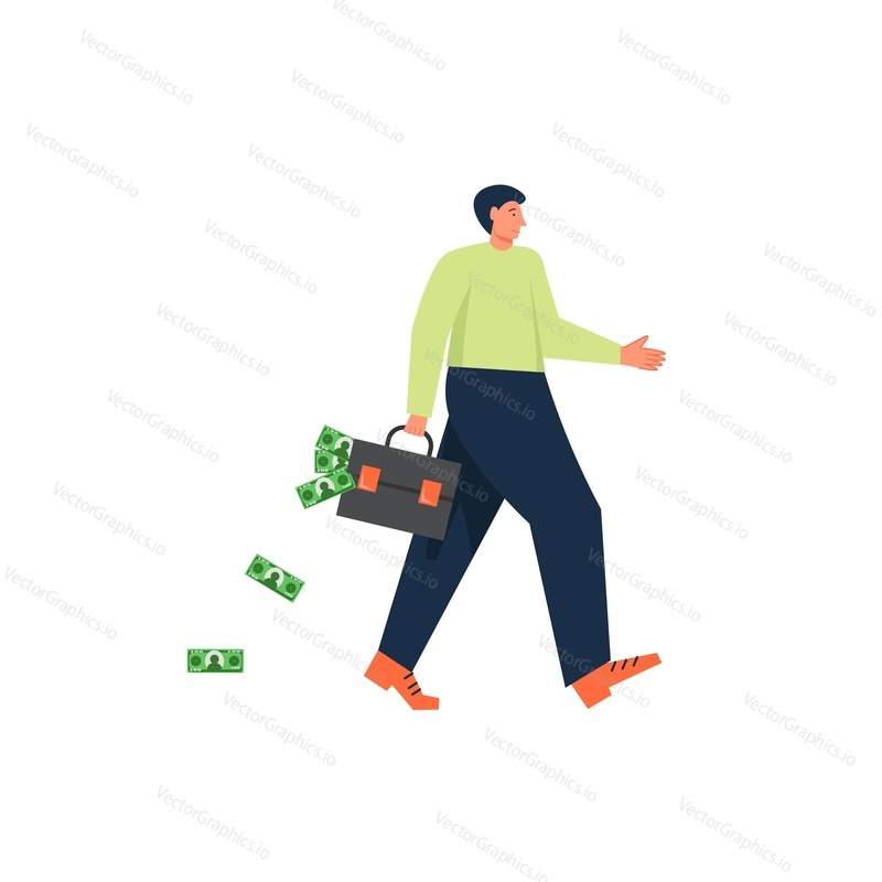 Businessman with briefcase full of money, vector flat style design illustration isolated on white background. Bank loan concept for web banner, website page etc.