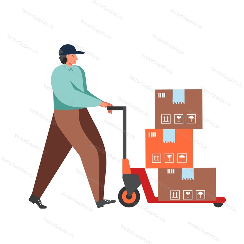 Young man pushing cart with parcels, vector flat illustration isolated on white background. Postal mail delivery service, receiving and sending parcels concept for web banner, website page etc.