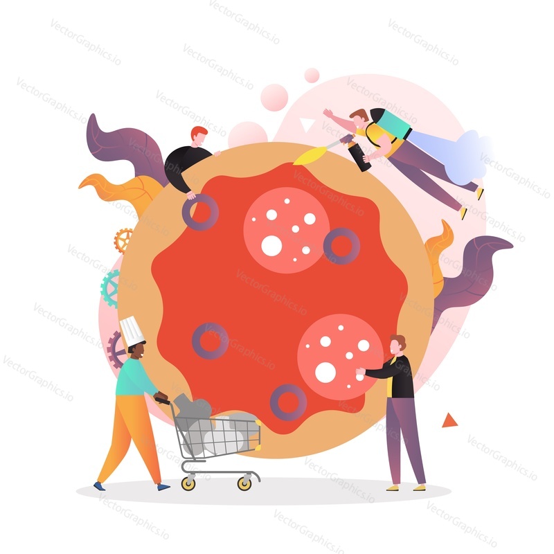 Micro male characters preparing huge italian traditional pizza with salami, mushrooms, onion rings, vector illustration. Pizzeria, fast food restaurant business composition for web banner website page