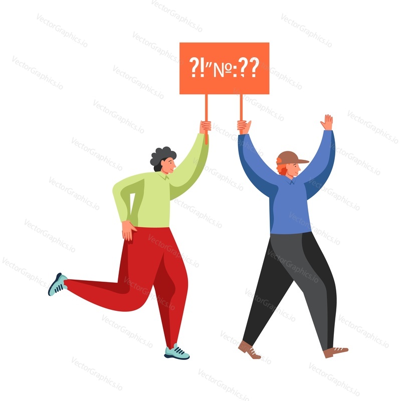 Two political activists male characters holding banner or placard, vector flat illustration isolated on white background. Election campaign, picket, political protest, pre-election agitation, meeting.