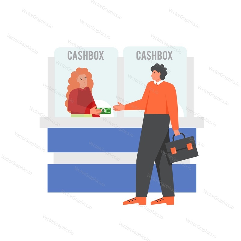 Bank cashbox, vector flat style design illustration isolated on white background. Banking and finance concept with bank cashier providing customer services for web banner, website page etc.