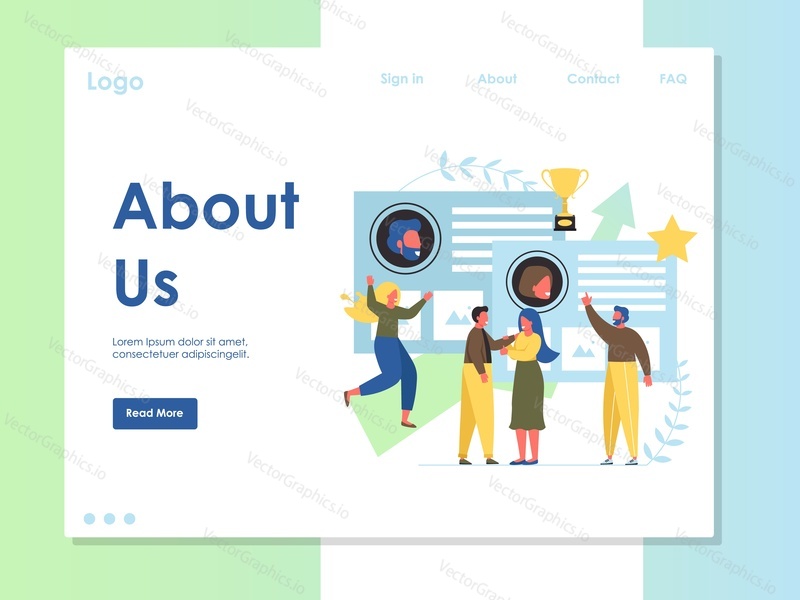 About us vector website template, webpage and landing page design for website and mobile site development. Company information page with business history, awards and recognition achieved concept.