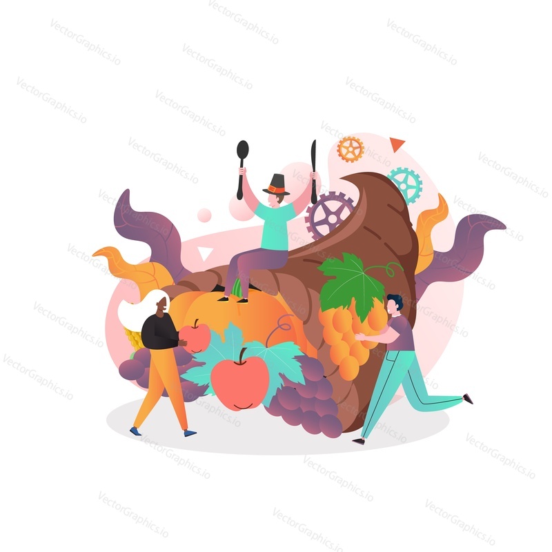 Huge cornucopia symbol of harvest with pumpkin, grapes, apple and happy micro characters, vector illustration. Thanksgiving Day celebration concept for web banner, website page etc.