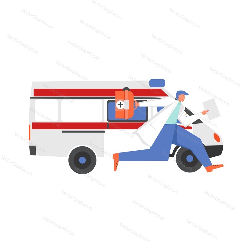 First care ambulance car, doctor with first aid kit, vector flat style design illustration. Emergency medical services concept for web banner, website page etc.
