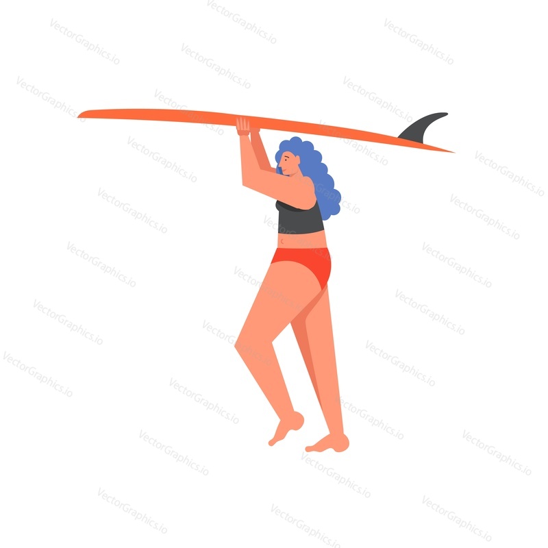 Surfer girl with longboard surfboard, vector flat style design illustration. Summer beach activities, water sports concept for web banner, website page etc.