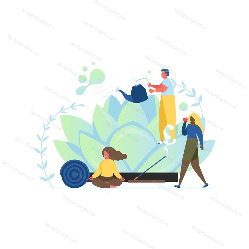 Yoga, vector flat style design illustration. Tiny man watering big lotus flower, girl meditating in lotus position, woman holding apple. Yoga class concept for web banner, website page etc.