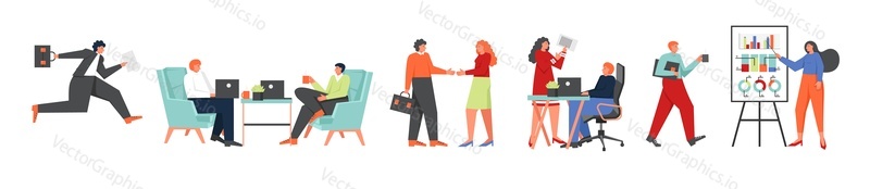 Business people icon set, vector flat style design illustration. Office workers going to work, giving presentation, making deal, working at coworking space.