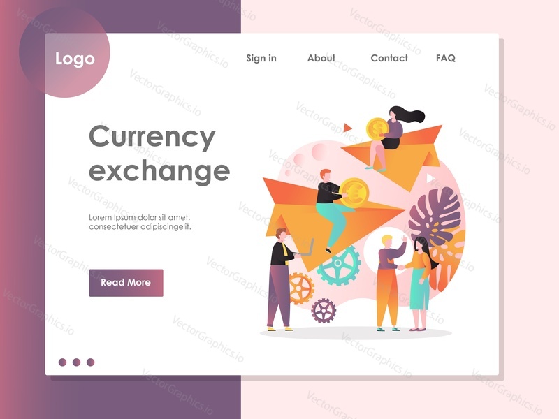 Векторный шаблон веб-сайта для обмена валюты, дизайн веб-страницы и целевой страницы для разработки веб-сайтов и мобильных сайтов. Обмен цифровой валюты, концепция онлайн-денежных переводов.