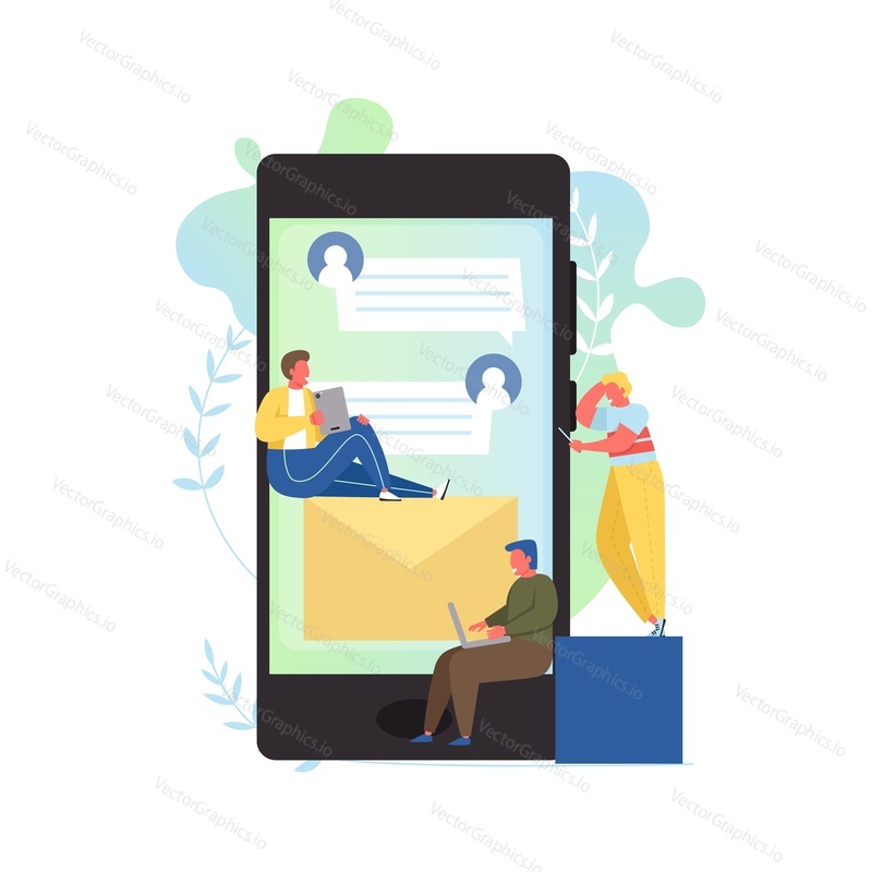 Stay connected, vector flat style design illustration. Big smartphone and tiny people texting messages from tablet, laptop. Stay in touch, text messaging apps concept for web banner, website page etc.