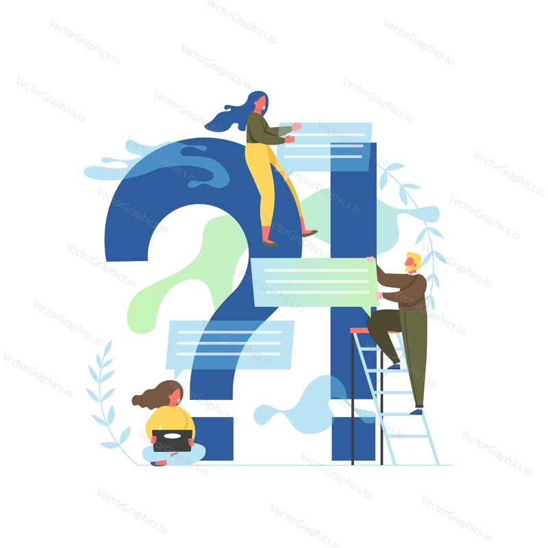 Frequently asked questions, vector flat illustration. Big question and exclamation marks, tiny people with speech bubbles asking and answering questions. FAQ and QA concept for web banner etc.
