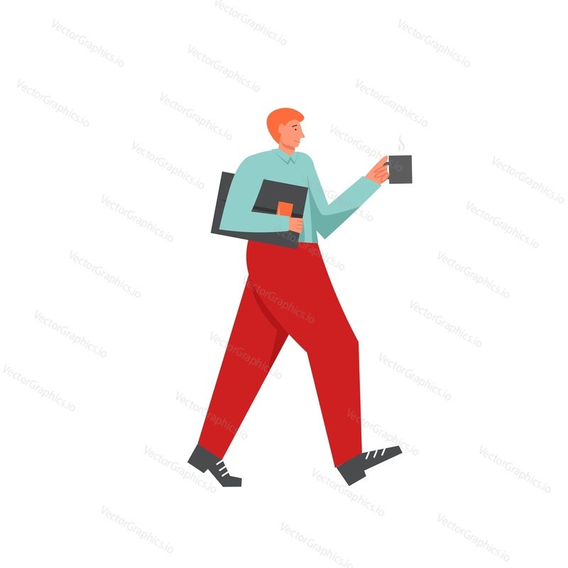 Businessman going to work, vector flat style design illustration. Young man with cup of coffee walking to office in the morning. Business concept for web banner, website page etc.