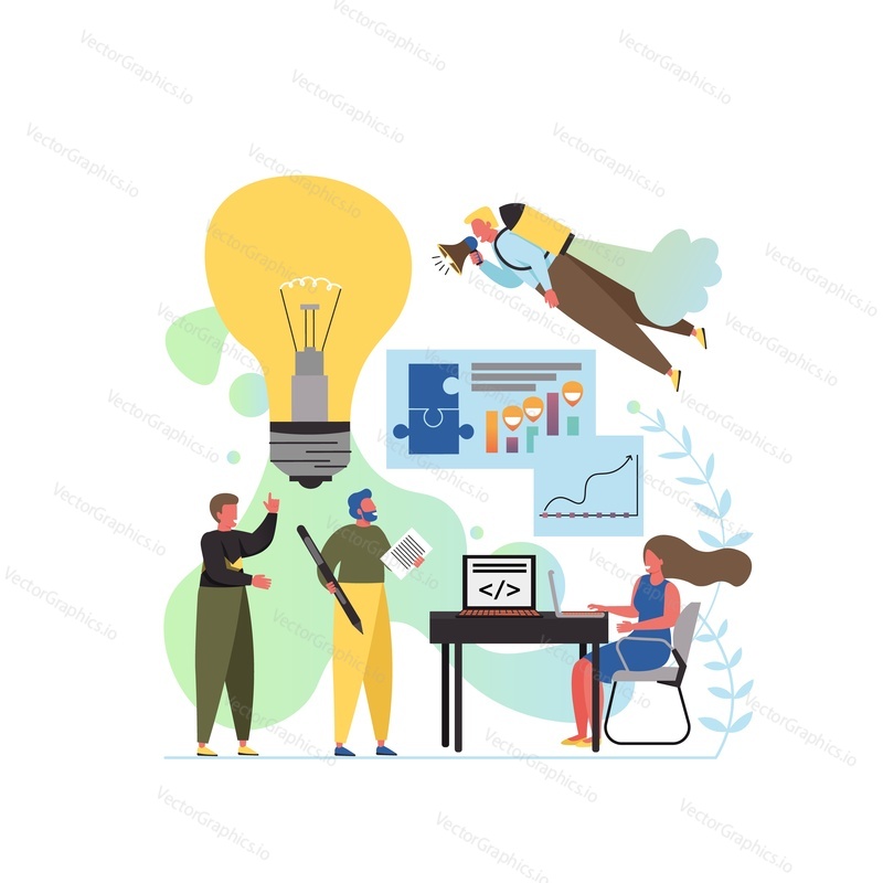Marketing, vector flat illustration. Big light bulb creative idea and tiny people digital marketing professionals with megaphone, laptop. Business promotion and solution concept for web banner, etc.