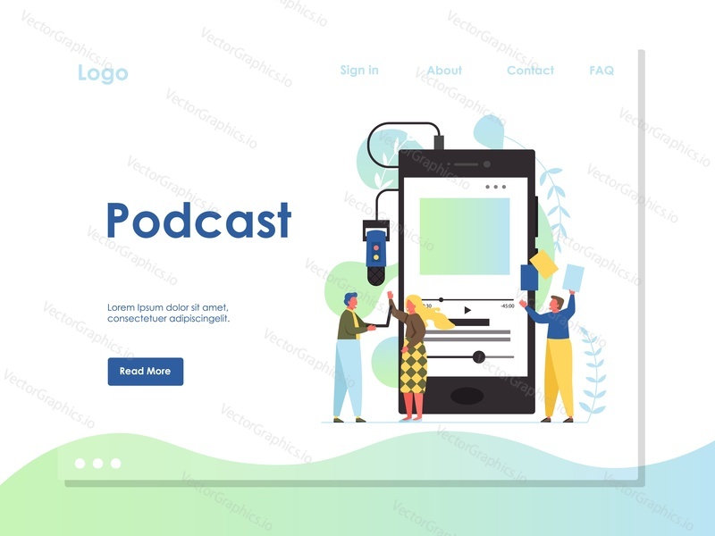 Podcast vector website template, web page and landing page design for website and mobile site development. Podcast player radio app concept.