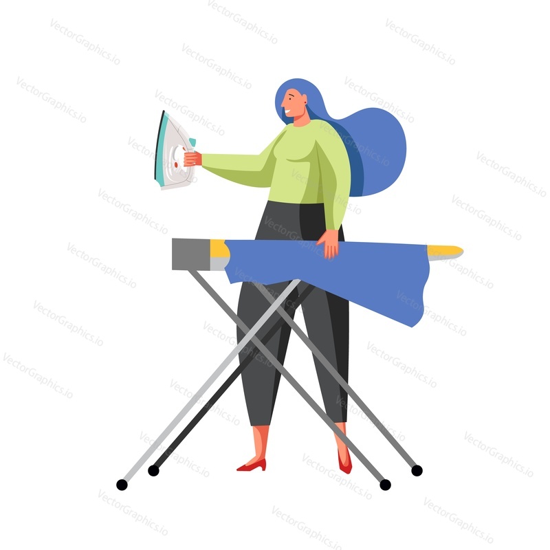 Young woman holding iron while standing behind of ironing board, vector flat isolated illustration. Laundry and ironing cleaning company services concept for web banner, website page etc.