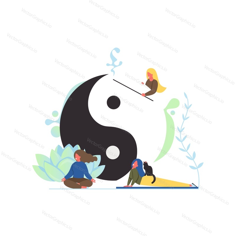 Векторная иллюстрация дизайна в плоском стиле с изображением большого символа Инь и Ян и крошечных женщин, занимающихся йогой. Концепция асаны практики йоги для веб-баннера, страницы веб-сайта и т.д.