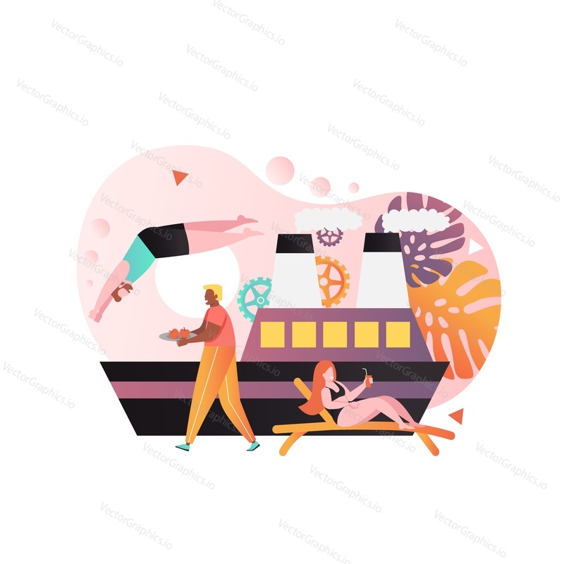 Vector illustration of passenger liner and people taking rest on deck, jumping into water, sunbathing on chaise lounge. Sea cruise, summer vacation, voyage concept for web banner, website page etc.