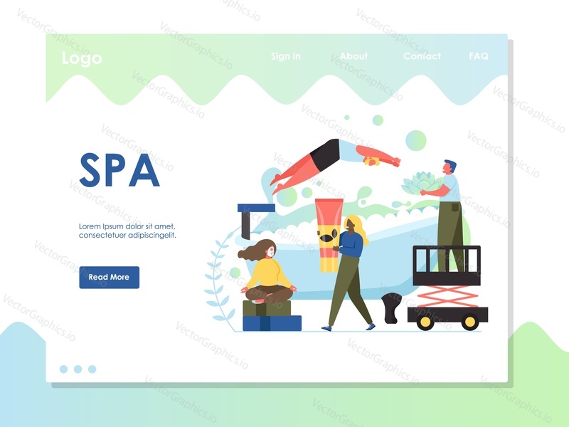 Spa vector website template, web page and landing page design for website and mobile site development. Spa wellness resort services, facemasks, water therapy procedures concept.