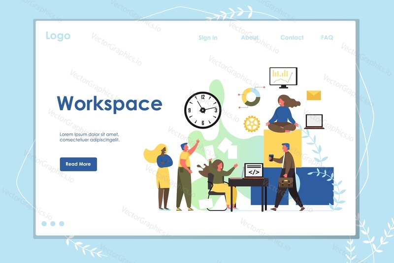 Workspace vector website template, web page and landing page design for website and mobile site development. Software developers workstation concept with characters working and taking rest.